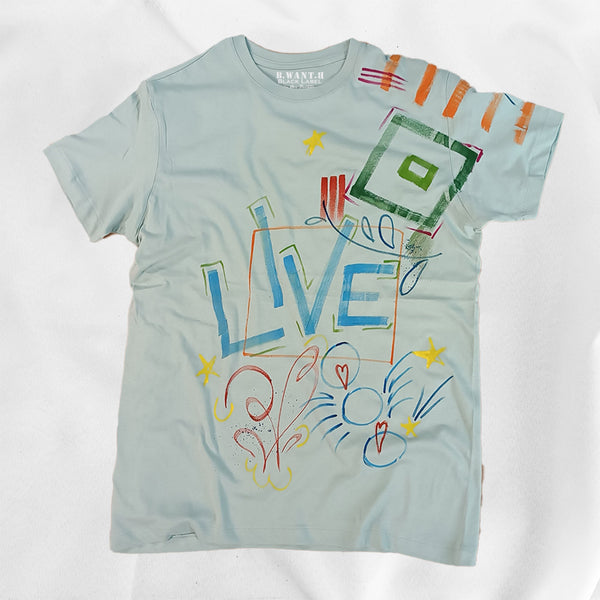 B.WANT.B Black Label T-shirt "Live" Salvia Dipinta a mano Unisex