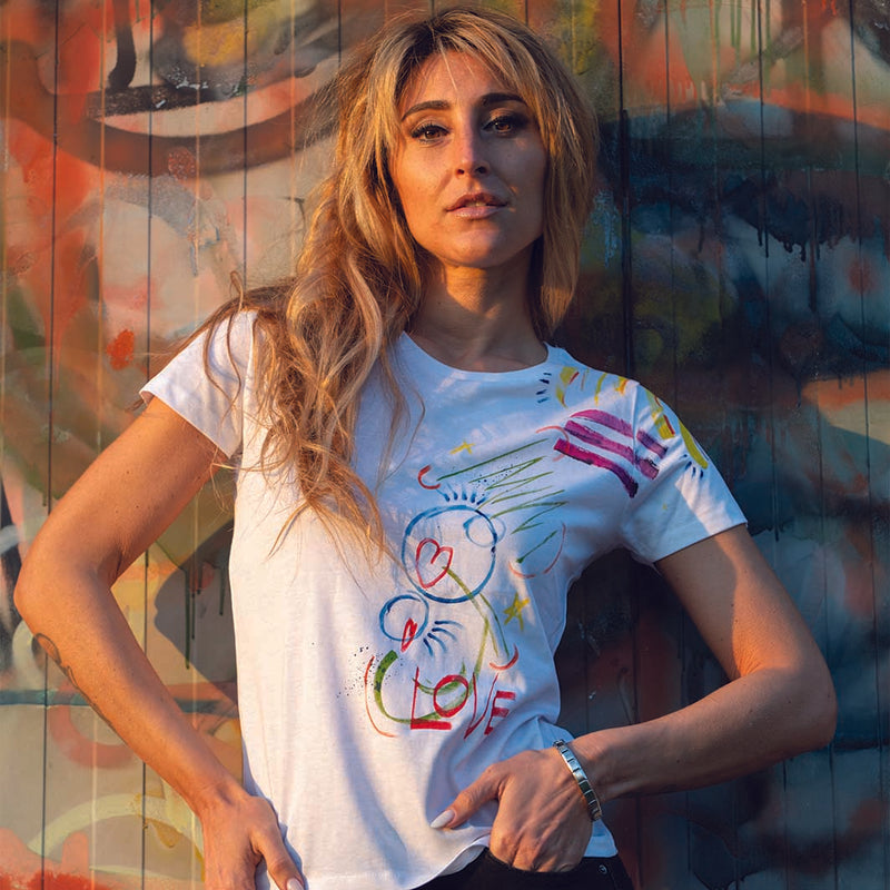 B.WANT.B Black Label T-shirt "Love" Bianca Dipinta a mano Woman