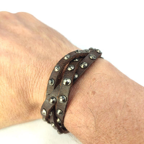 BRACELET "Intreccio" IN LEATHER Dark Brown WITH STUDS